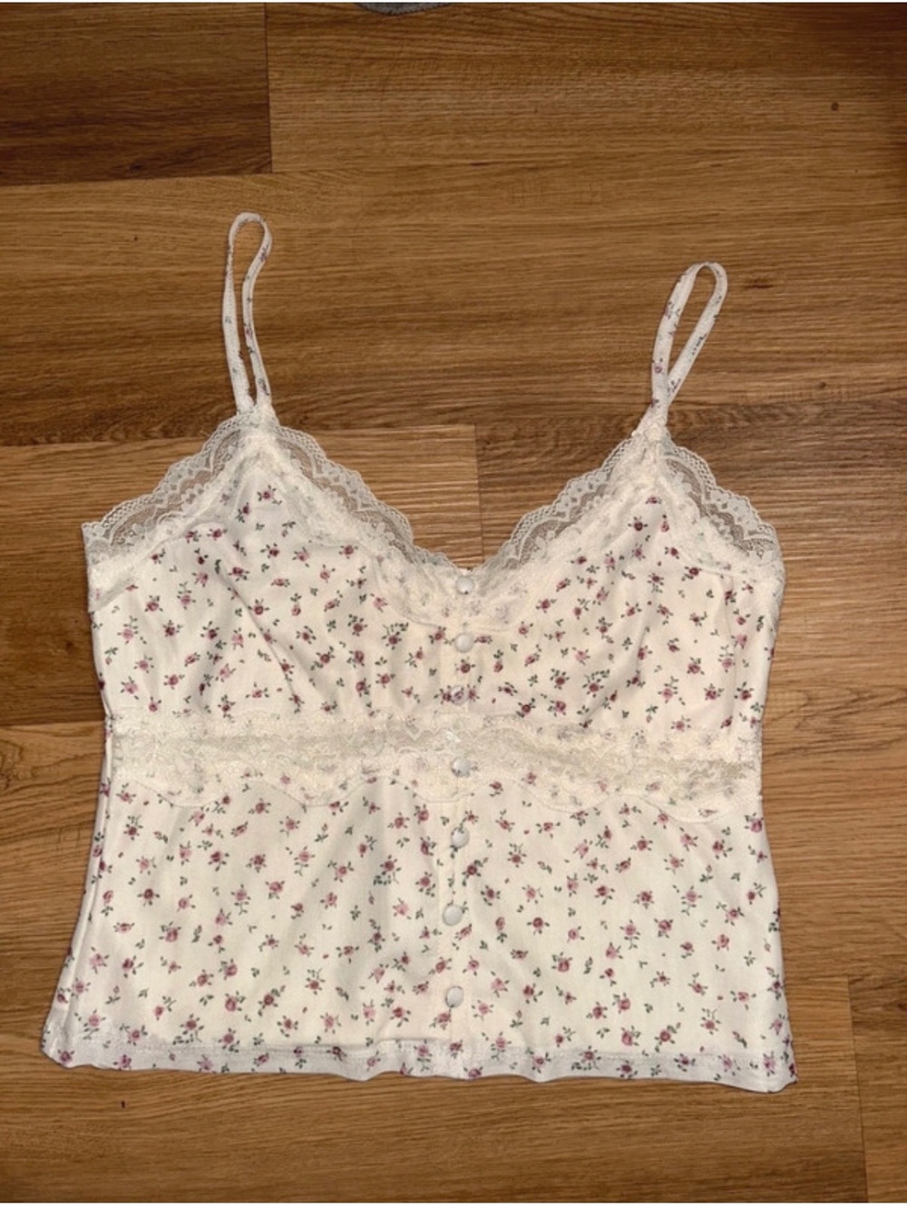 Pink Rose Women's Floral Lace Trim Button Front Camisole Top